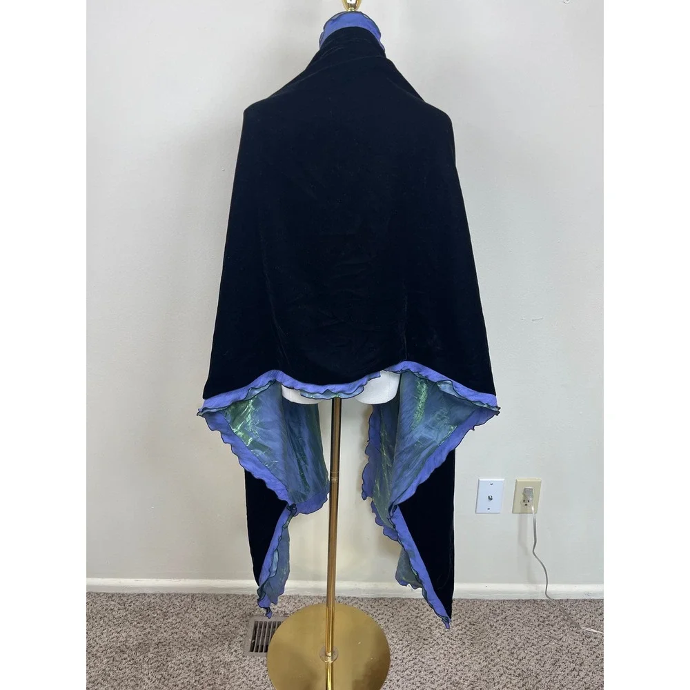 Vintage Velvet Iridescent Ruffle Wrap Shawl Women Black Blue Green Metallic Trim